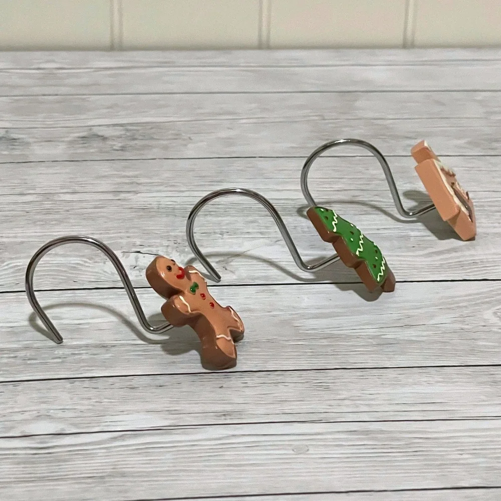 Christmas Gingerbread Man Tree House Shower Curtain Hooks Set of 12 New